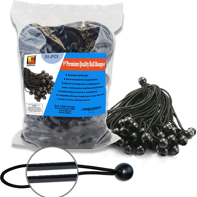 Wellmax 9 inch 50 Piece Heavy Duty 5mm Ball Bungee Canopy Cord by Wellmax, Black Color - Image 1